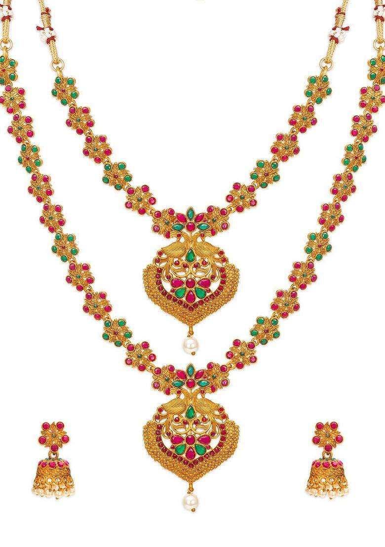 Gold-Plated Stone-Studded Pearl Beaded Choker & Matinee Temple Jewellery Set for Women | Traditional Temple Jewellery for Wedding & Festive Wear | Gift for Her - Indya