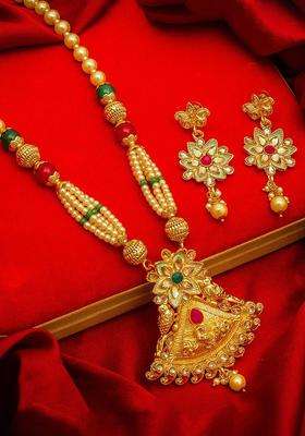 Gold-Plated & Red Kundan-Studded & Pearl Beaded Jadau Handcrafted Jewellery Set for Women | Traditional Temple Jewellery for Wedding & Festive Wear | Gift for Her