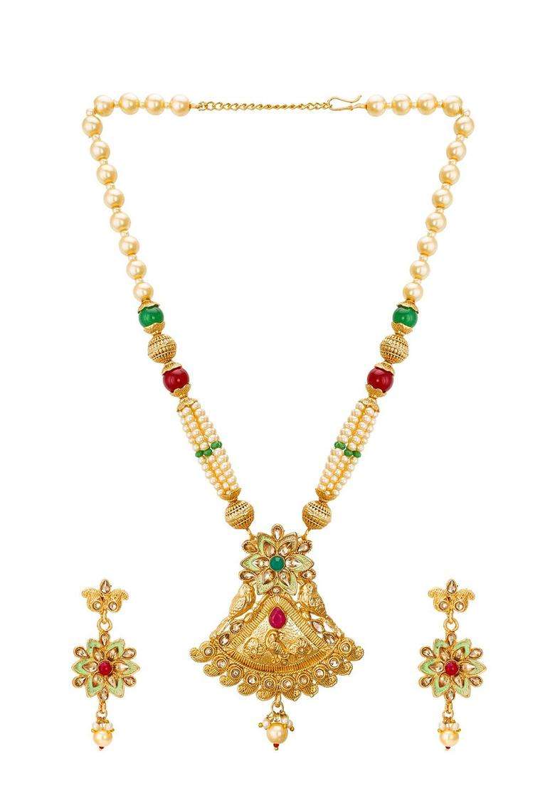 Gold-Plated & Red Kundan-Studded & Pearl Beaded Jadau Handcrafted Jewellery Set for Women | Traditional Temple Jewellery for Wedding & Festive Wear | Gift for Her - Indya