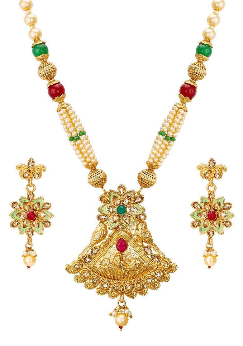 Gold-Plated & Red Kundan-Studded & Pearl Beaded Jadau Handcrafted Jewellery Set for Women | Traditional Temple Jewellery for Wedding & Festive Wear | Gift for Her - Indya