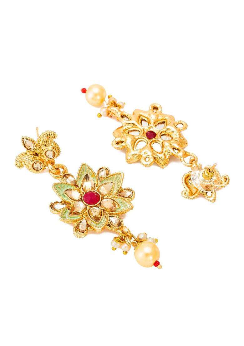 Gold-Plated & Red Kundan-Studded & Pearl Beaded Jadau Handcrafted Jewellery Set for Women | Traditional Temple Jewellery for Wedding & Festive Wear | Gift for Her - Indya
