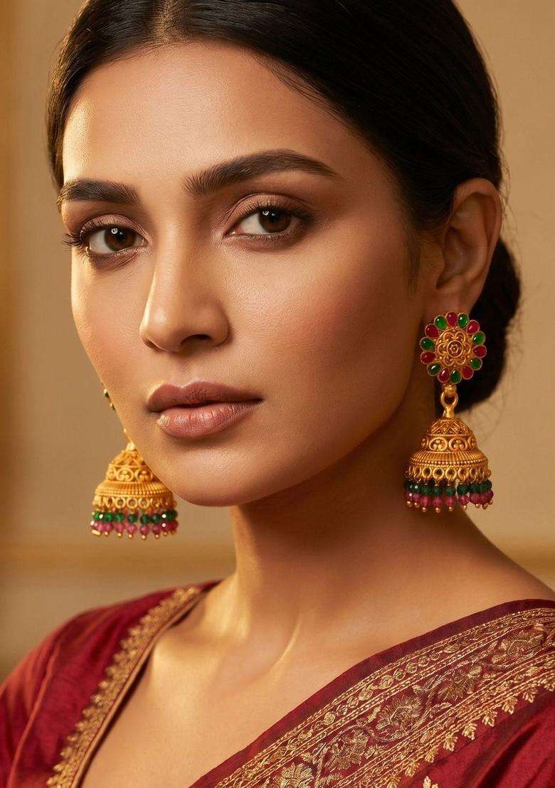 Gold-Plated Floral Jhumkas Earrings for Women | Traditional Temple Jewellery for Wedding & Festive Wear | Gift for Her - Indya