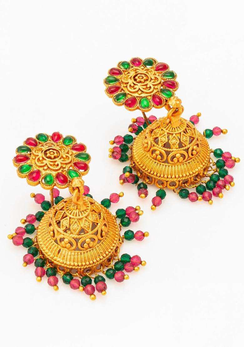 Gold-Plated Floral Jhumkas Earrings for Women | Traditional Temple Jewellery for Wedding & Festive Wear | Gift for Her - Indya
