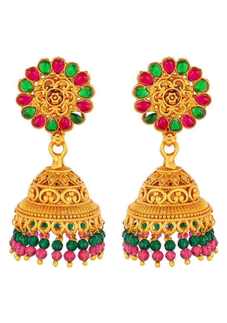 Gold-Plated Floral Jhumkas Earrings for Women | Traditional Temple Jewellery for Wedding & Festive Wear | Gift for Her - Indya
