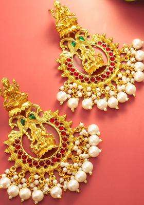 Gold-Plated Artificial Stones Studded and Beaded Temple Contemporary Drop Earrings for Women | Traditional Temple Jewellery for Wedding & Festive Wear | Gift for Her