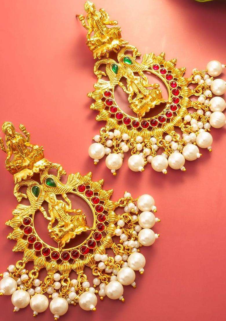 Gold-Plated Artificial Stones Studded and Beaded Temple Contemporary Drop Earrings for Women | Traditional Temple Jewellery for Wedding & Festive Wear | Gift for Her - Indya