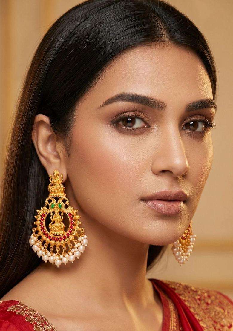 Gold-Plated Artificial Stones Studded and Beaded Temple Contemporary Drop Earrings for Women | Traditional Temple Jewellery for Wedding & Festive Wear | Gift for Her - Indya