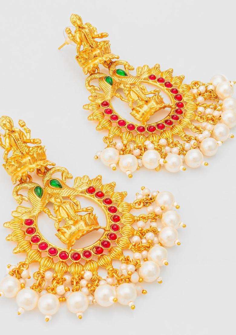 Gold-Plated Artificial Stones Studded and Beaded Temple Contemporary Drop Earrings for Women | Traditional Temple Jewellery for Wedding & Festive Wear | Gift for Her - Indya