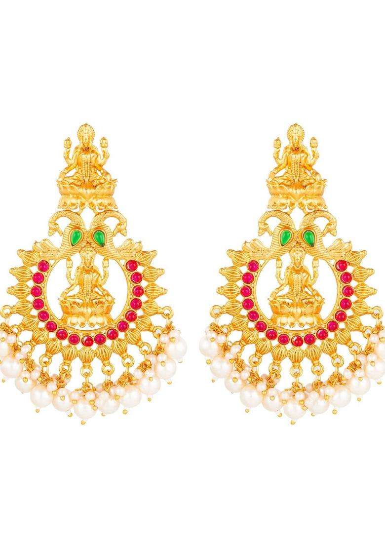Gold-Plated Artificial Stones Studded and Beaded Temple Contemporary Drop Earrings for Women | Traditional Temple Jewellery for Wedding & Festive Wear | Gift for Her - Indya