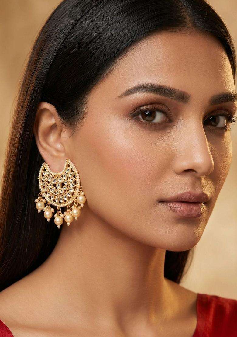 Gold-Plated Crescent Shaped Drop Earrings for Women | Traditional Temple Jewellery for Wedding & Festive Wear | Gift for Her - Indya