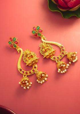 Gold-Plated Artificial Stones Studded and Beaded Contemporary Shaped Drop Earrings for Women | Traditional Temple Jewellery for Wedding & Festive Wear | Gift for Her