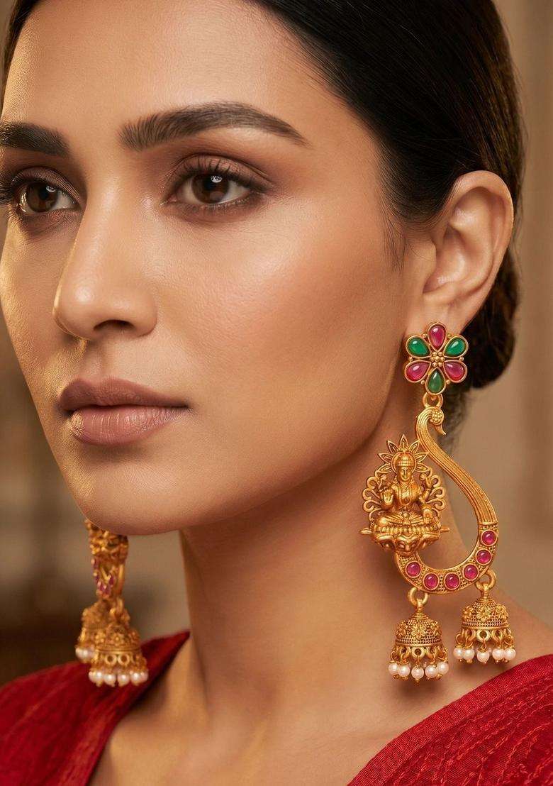 Gold-Plated Artificial Stones Studded and Beaded Contemporary Shaped Drop Earrings for Women | Traditional Temple Jewellery for Wedding & Festive Wear | Gift for Her - Indya