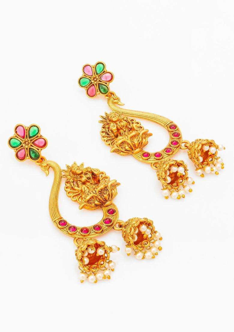Gold-Plated Artificial Stones Studded and Beaded Contemporary Shaped Drop Earrings for Women | Traditional Temple Jewellery for Wedding & Festive Wear | Gift for Her - Indya
