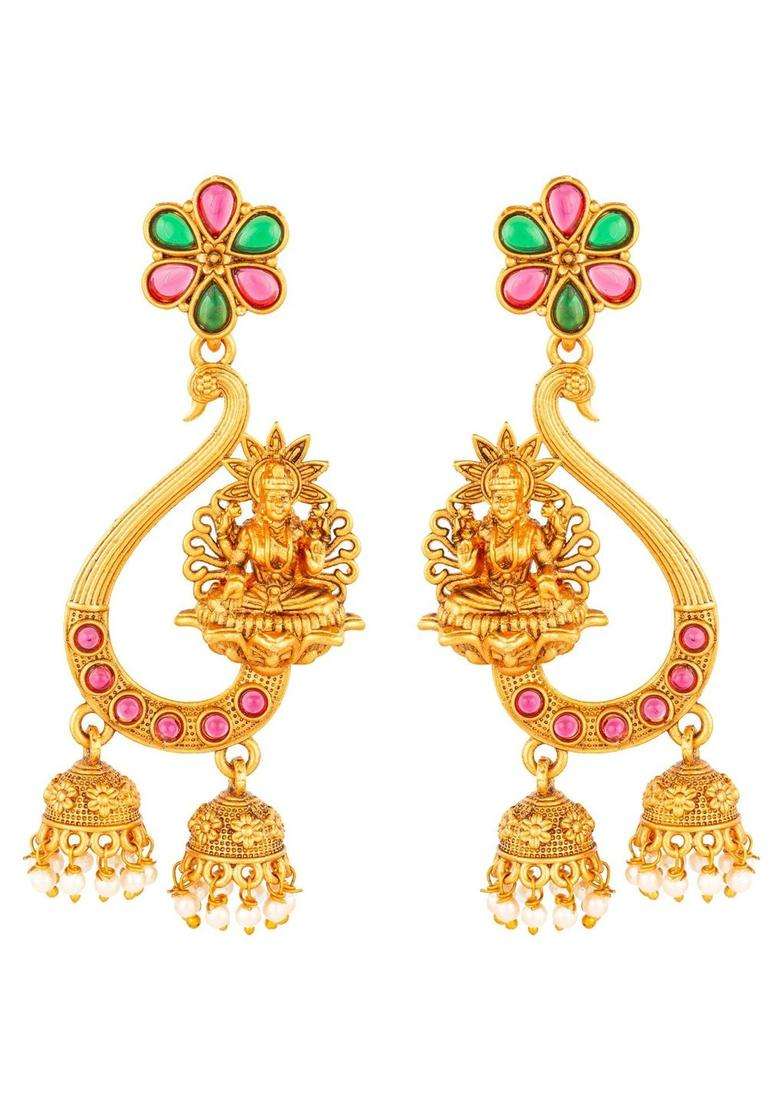 Gold-Plated Artificial Stones Studded and Beaded Contemporary Shaped Drop Earrings for Women | Traditional Temple Jewellery for Wedding & Festive Wear | Gift for Her - Indya