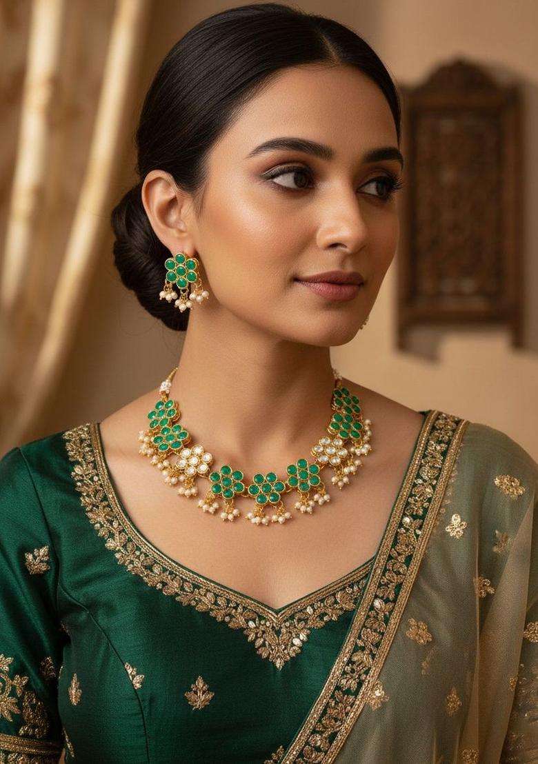 Gold-Plated Temple Kundan Choker Necklace and Earrings for Women | Traditional Temple Jewellery for Wedding & Festive Wear | Gift for Her - Indya