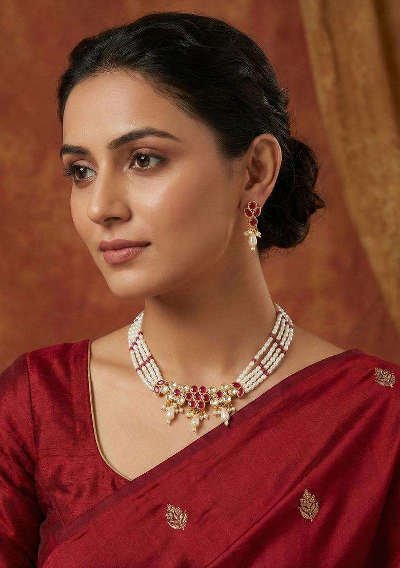Gold-Plated Temple Kundan Choker Necklace and Earrings for Women | Traditional Temple Jewellery for Wedding & Festive Wear | Gift for Her - Indya
