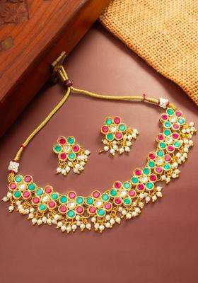Gold-Plated Temple Kundan Choker Necklace and Earrings for Women | Traditional Temple Jewellery for Wedding & Festive Wear | Gift for Her