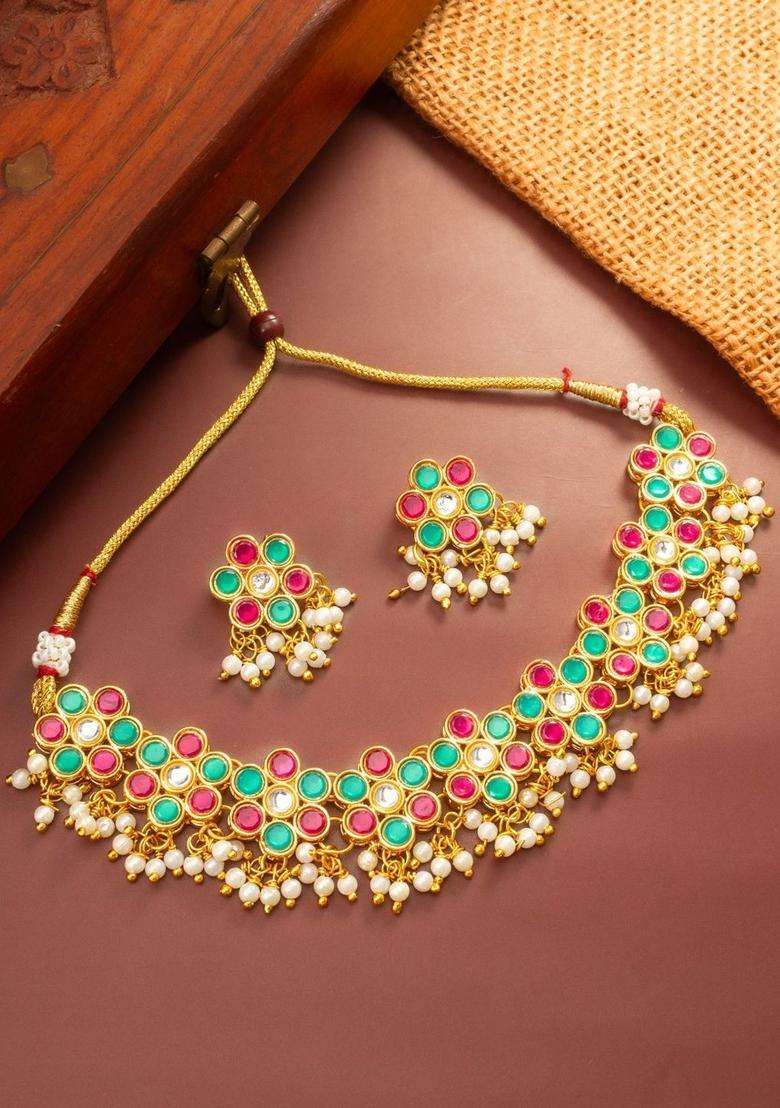 Gold-Plated Temple Kundan Choker Necklace and Earrings for Women | Traditional Temple Jewellery for Wedding & Festive Wear | Gift for Her - Indya