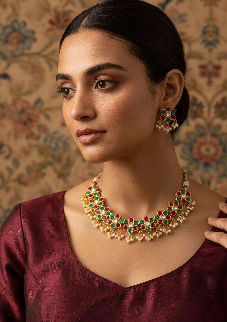 Gold-Plated Temple Kundan Choker Necklace and Earrings for Women | Traditional Temple Jewellery for Wedding & Festive Wear | Gift for Her - Indya