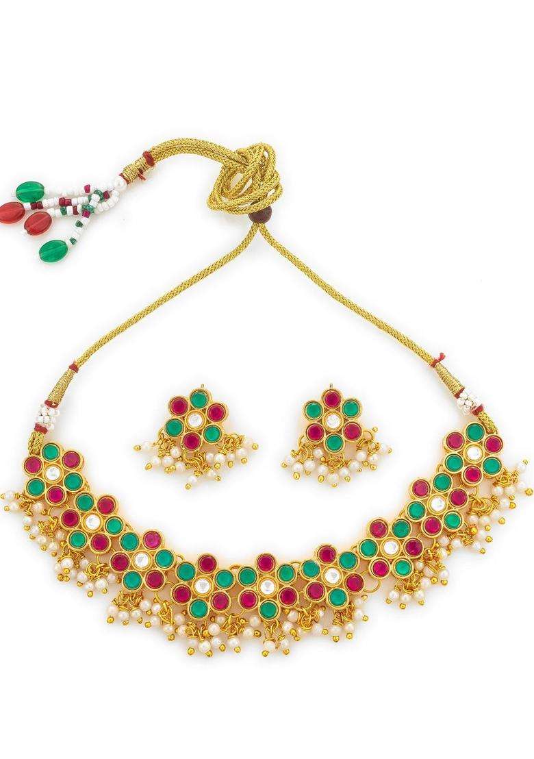 Gold-Plated Temple Kundan Choker Necklace and Earrings for Women | Traditional Temple Jewellery for Wedding & Festive Wear | Gift for Her - Indya