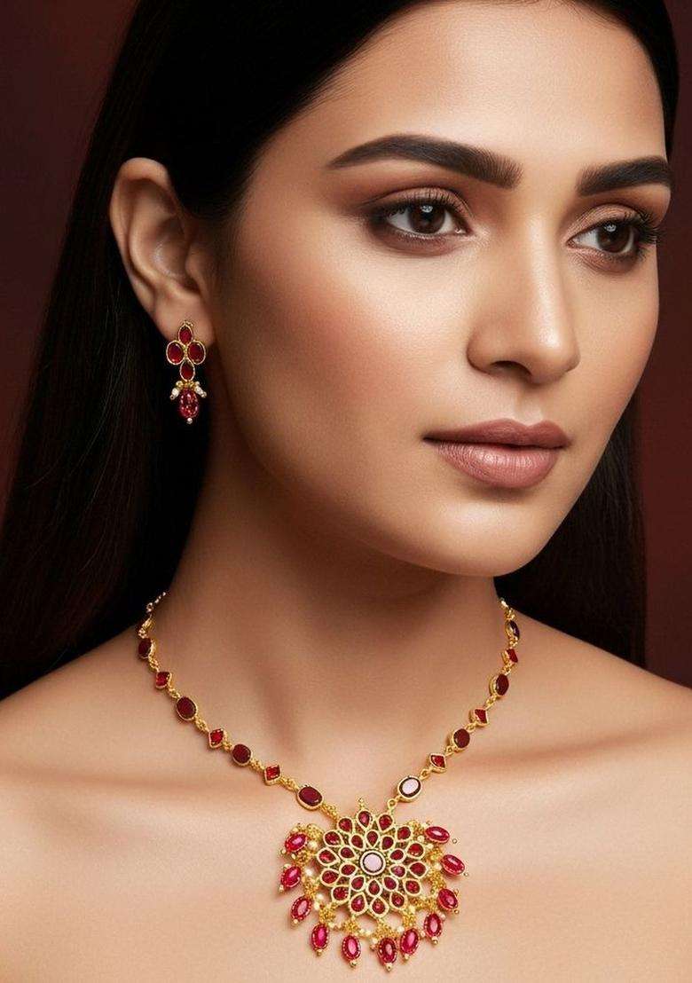 Gold-Plated Temple Kundan Choker Necklace and Earrings for Women | Traditional Temple Jewellery for Wedding & Festive Wear | Gift for Her - Indya