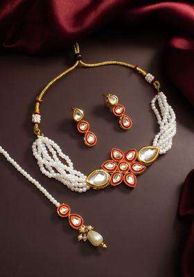 Gold-Plated Kundan Studded and Pearls Beaded Jewellery Set for Women | Traditional Temple Jewellery for Wedding & Festive Wear | Gift for Her