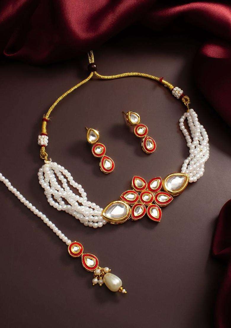 Gold-Plated Kundan Studded and Pearls Beaded Jewellery Set for Women | Traditional Temple Jewellery for Wedding & Festive Wear | Gift for Her - Indya
