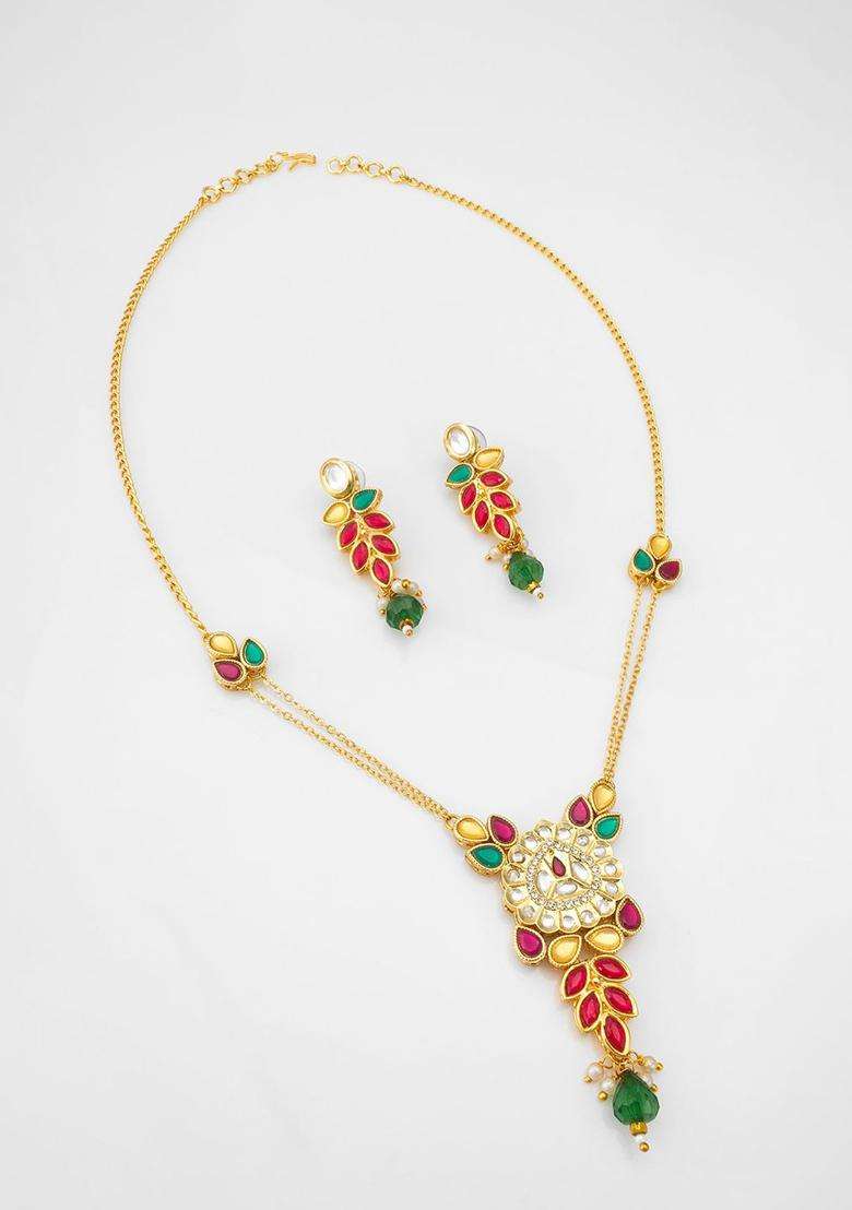 Gold-Plated Kundan-Studded & Beaded Necklace & Earrings for Women | Traditional Temple Jewellery for Wedding & Festive Wear | Gift for Her - Indya