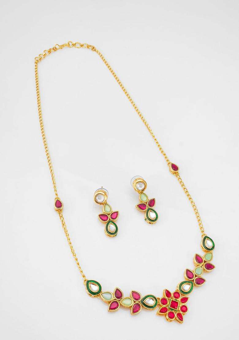 Gold-Plated Kundan-Studded Jewellery Set for Women | Traditional Temple Jewellery for Wedding & Festive Wear | Gift for Her - Indya