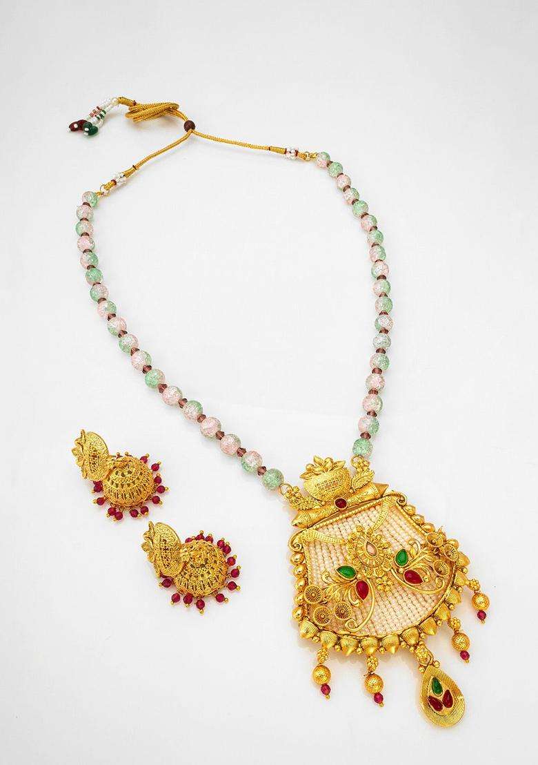 Gold-Plated Kundan-Studded & Pearl Beaded Jewellery Set for Women | Traditional Temple Jewellery for Wedding & Festive Wear | Gift for Her - Indya