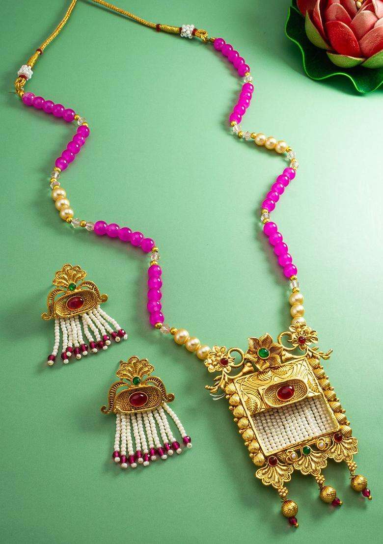Gold-Plated Kundan-Studded & Pearl Beaded Jewellery Set for Women | Traditional Temple Jewellery for Wedding & Festive Wear | Gift for Her - Indya