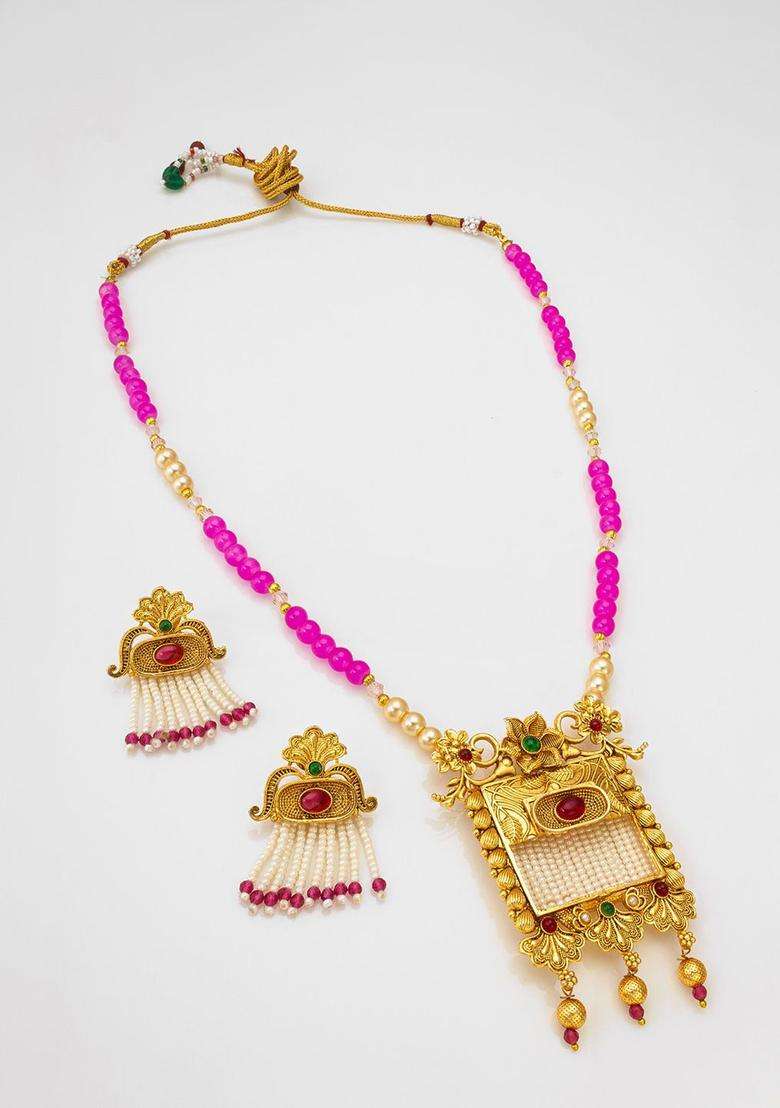 Gold-Plated Kundan-Studded & Pearl Beaded Jewellery Set for Women | Traditional Temple Jewellery for Wedding & Festive Wear | Gift for Her - Indya