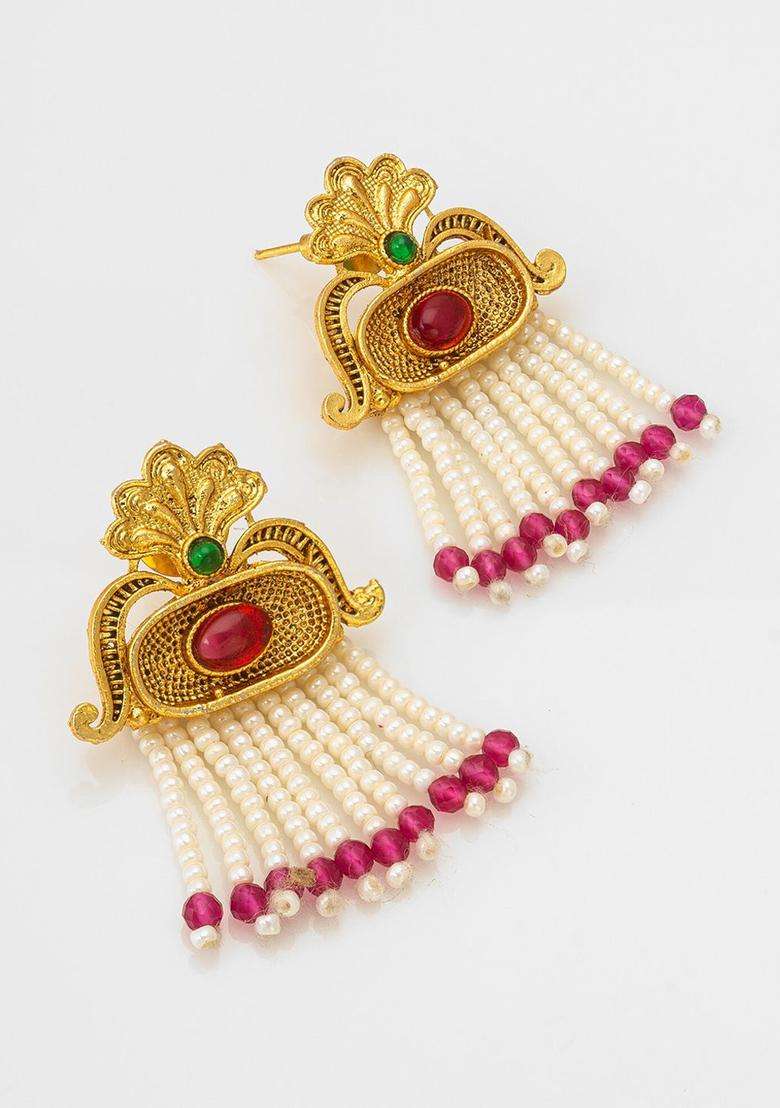 Gold-Plated Kundan-Studded & Pearl Beaded Jewellery Set for Women | Traditional Temple Jewellery for Wedding & Festive Wear | Gift for Her - Indya