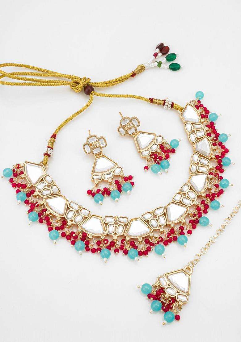 Gold-Plated Kundan-Studded & Beaded Jewellery Set for Women | Traditional Temple Jewellery for Wedding & Festive Wear | Gift for Her - Indya