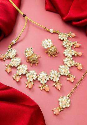 Gold-Plated Peach Stone Studded Pearl Beaded Temple Choker Jewellery Set for Women | Traditional Temple Jewellery for Wedding & Festive Wear | Gift for Her