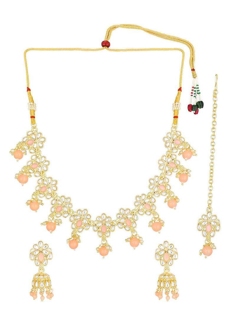 Gold-Plated Peach Stone Studded Pearl Beaded Temple Choker Jewellery Set for Women | Traditional Temple Jewellery for Wedding & Festive Wear | Gift for Her - Indya