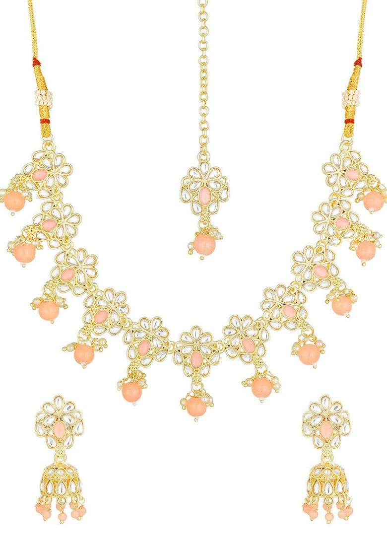 Gold-Plated Peach Stone Studded Pearl Beaded Temple Choker Jewellery Set for Women | Traditional Temple Jewellery for Wedding & Festive Wear | Gift for Her - Indya
