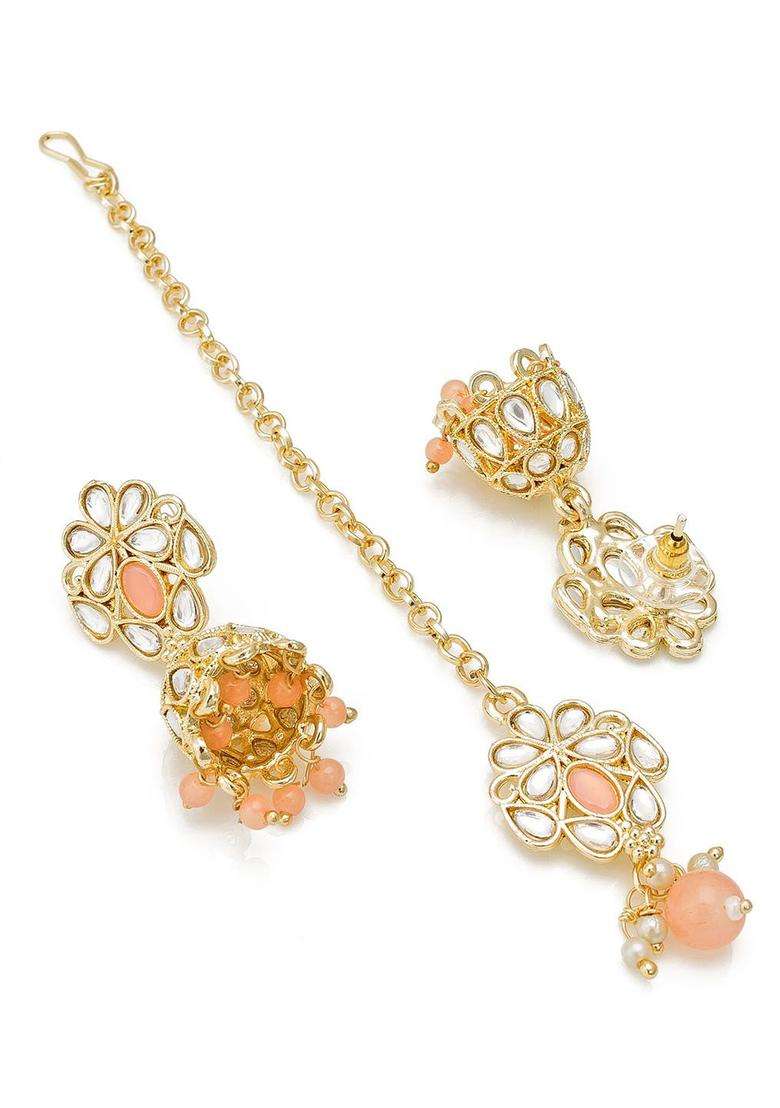 Gold-Plated Peach Stone Studded Pearl Beaded Temple Choker Jewellery Set for Women | Traditional Temple Jewellery for Wedding & Festive Wear | Gift for Her - Indya