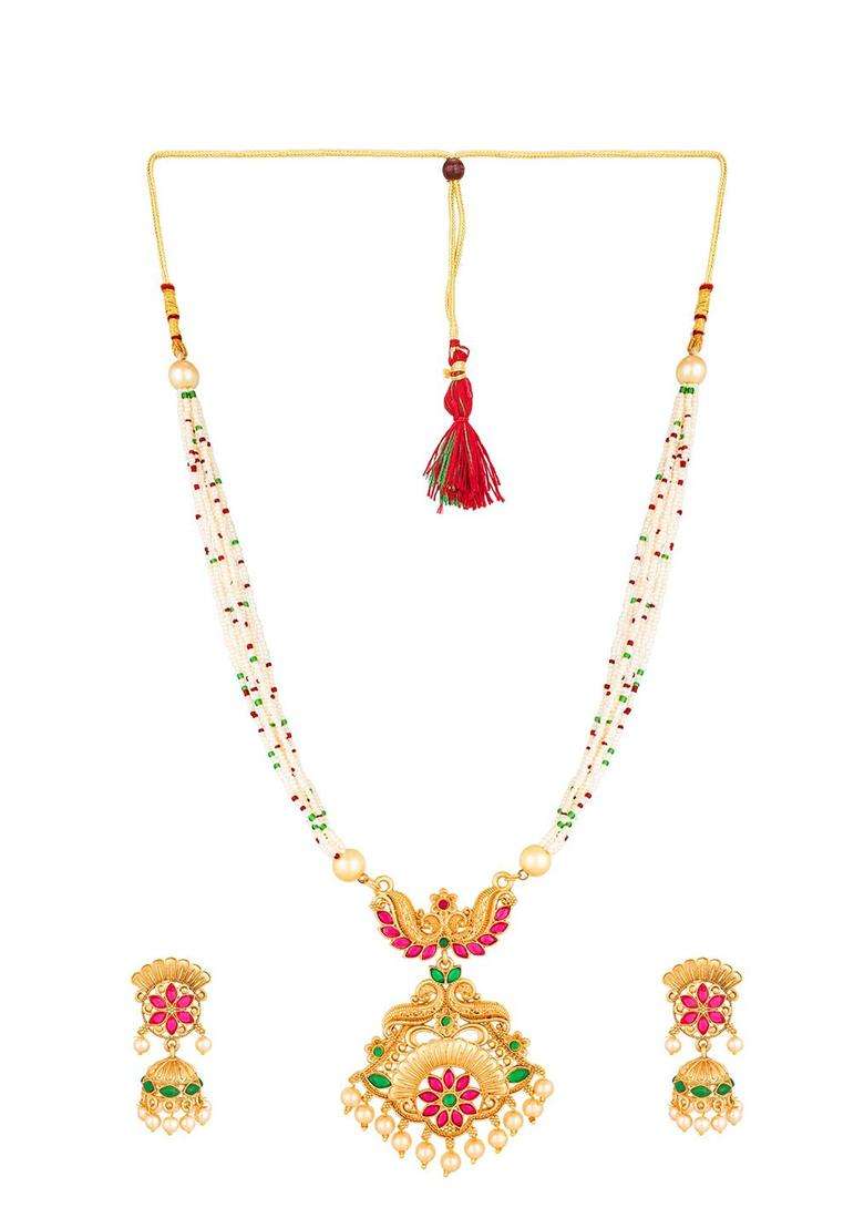 Gold-Plated Pink & Green Stone-Studded Pearl Beaded Jewellery Set for Women | Traditional Temple Jewellery for Wedding & Festive Wear | Gift for Her - Indya