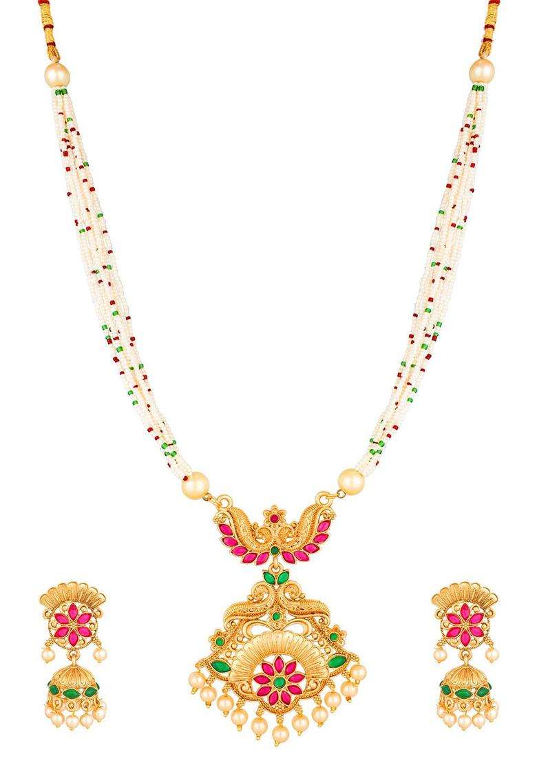 Gold-Plated Pink & Green Stone-Studded Pearl Beaded Jewellery Set for Women | Traditional Temple Jewellery for Wedding & Festive Wear | Gift for Her - Indya