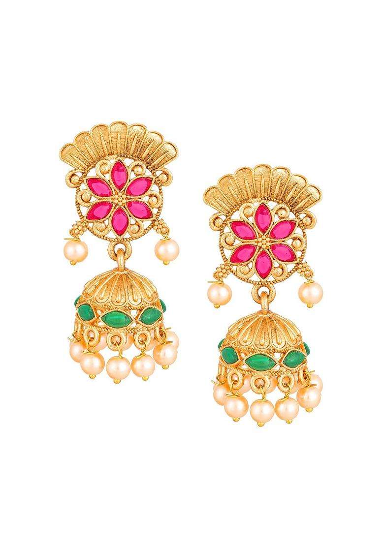 Gold-Plated Pink & Green Stone-Studded Pearl Beaded Jewellery Set for Women | Traditional Temple Jewellery for Wedding & Festive Wear | Gift for Her - Indya