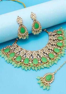 Gold-Plated White & Green Stone-Studded & Pearl Beaded Temple Jewellery Set for Women | Traditional Temple Jewellery for Wedding & Festive Wear | Gift for Her
