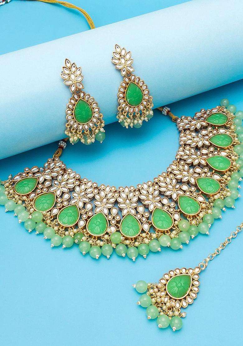 Gold-Plated White & Green Stone-Studded & Pearl Beaded Temple Jewellery Set for Women | Traditional Temple Jewellery for Wedding & Festive Wear | Gift for Her - Indya