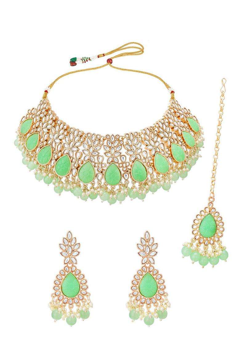 Gold-Plated White & Green Stone-Studded & Pearl Beaded Temple Jewellery Set for Women | Traditional Temple Jewellery for Wedding & Festive Wear | Gift for Her - Indya