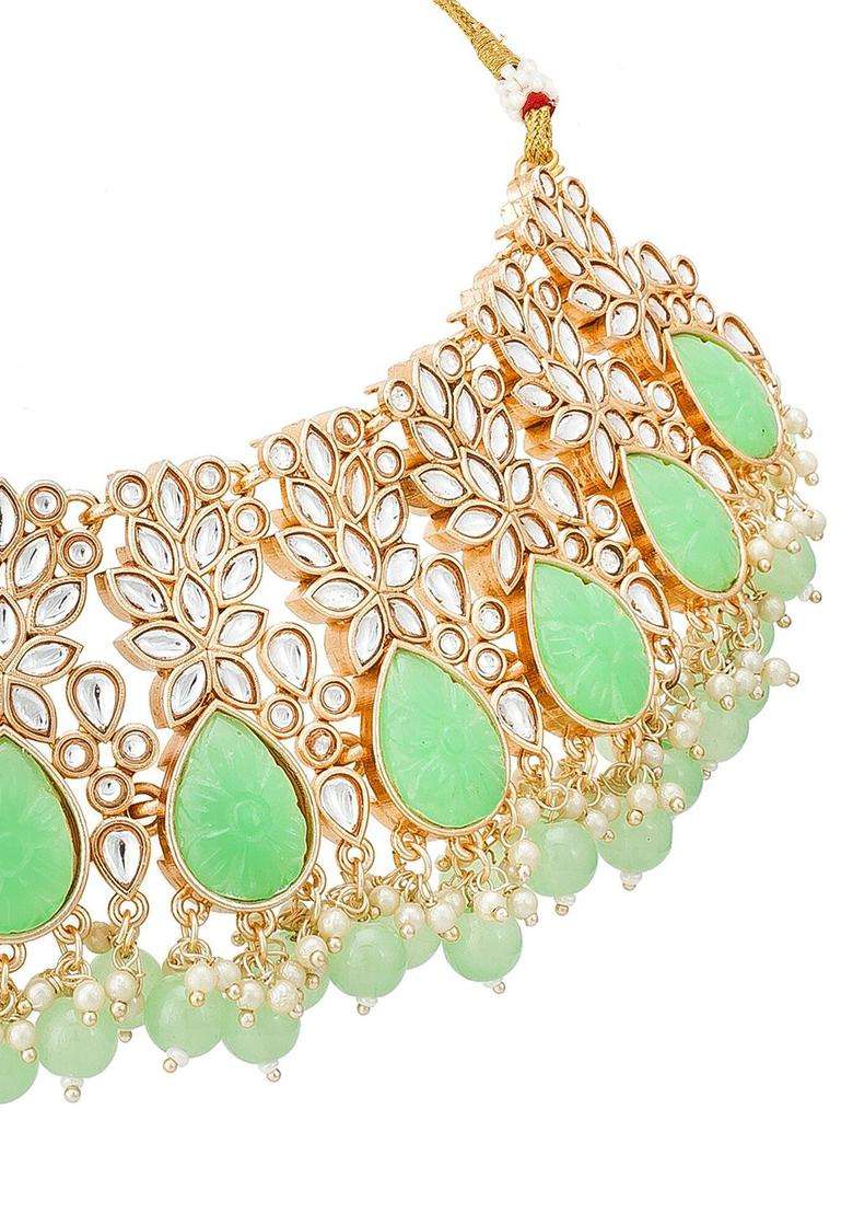 Gold-Plated White & Green Stone-Studded & Pearl Beaded Temple Jewellery Set for Women | Traditional Temple Jewellery for Wedding & Festive Wear | Gift for Her - Indya