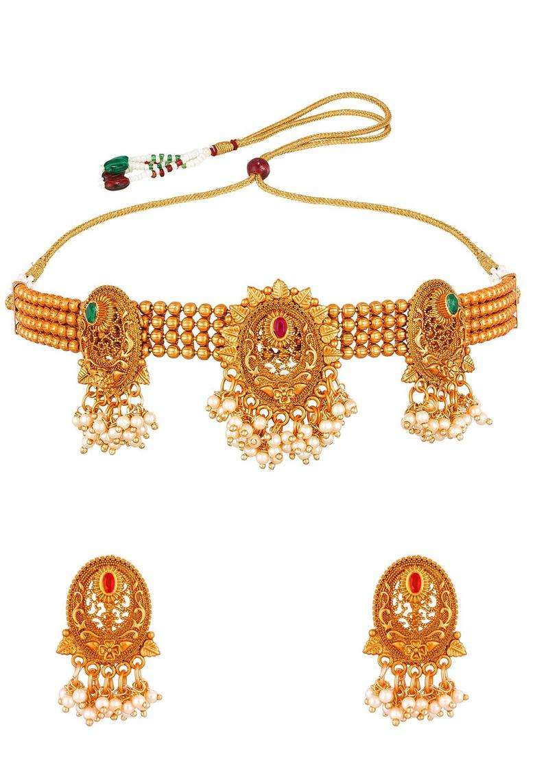Gold-Plated Pink Stone-Studded Pearls Beaded Temple Jewellery Set for Women | Traditional Temple Jewellery for Wedding & Festive Wear | Gift for Her - Indya