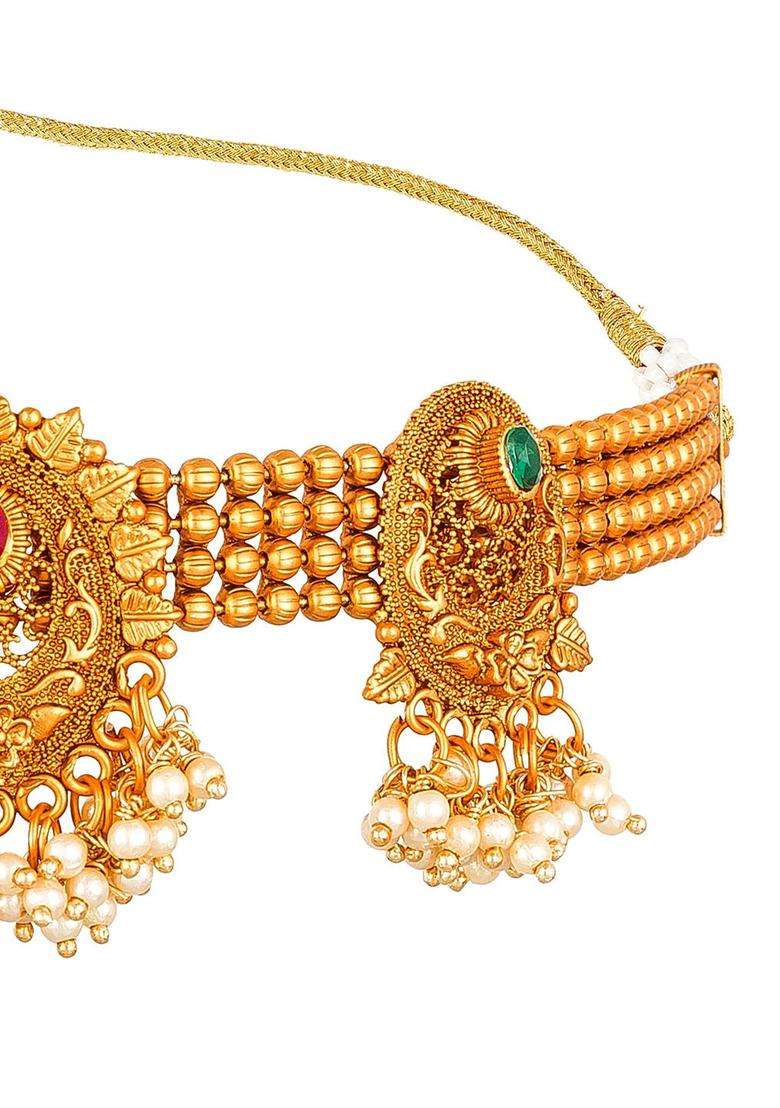 Gold-Plated Pink Stone-Studded Pearls Beaded Temple Jewellery Set for Women | Traditional Temple Jewellery for Wedding & Festive Wear | Gift for Her - Indya