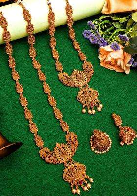 Gold-Plated Pink & Green Stone-Studded & Pearl Beaded Temple Jewellery Set for Women | Traditional Temple Jewellery for Wedding & Festive Wear | Gift for Her