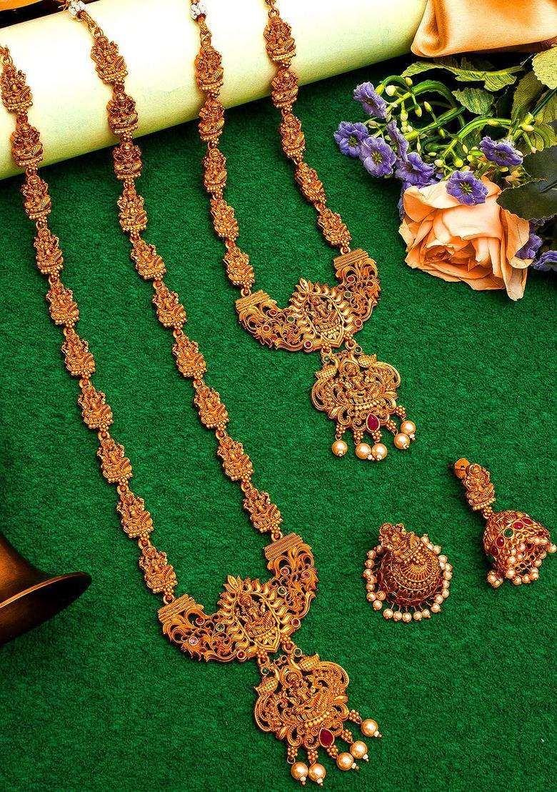 Gold-Plated Pink & Green Stone-Studded & Pearl Beaded Temple Jewellery Set for Women | Traditional Temple Jewellery for Wedding & Festive Wear | Gift for Her - Indya