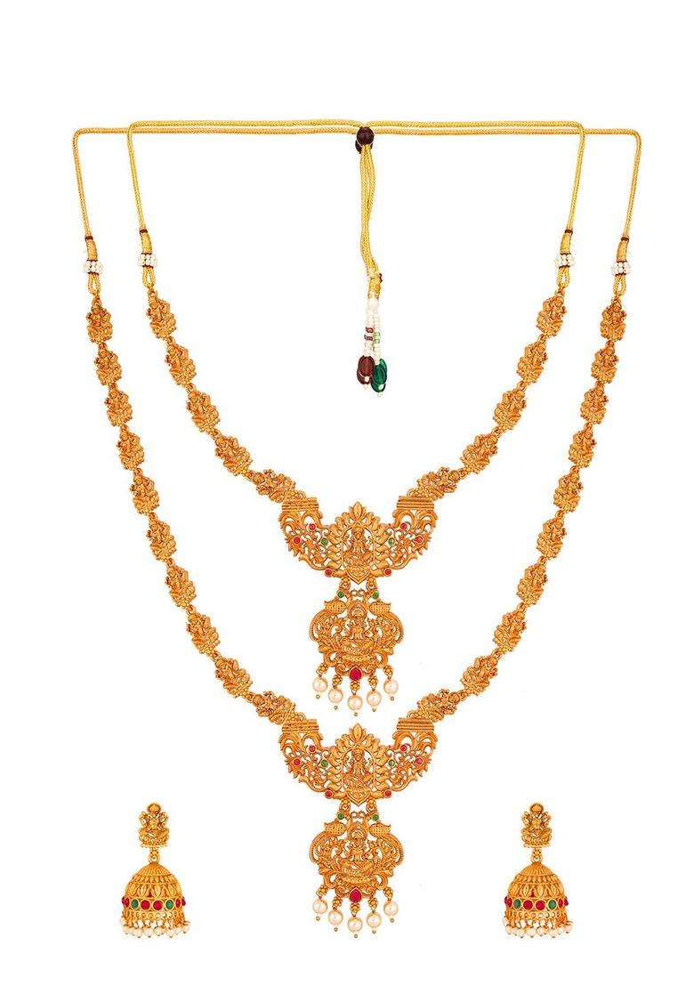 Gold-Plated Pink & Green Stone-Studded & Pearl Beaded Temple Jewellery Set for Women | Traditional Temple Jewellery for Wedding & Festive Wear | Gift for Her - Indya